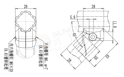 45°內(nèi)接彎形接頭尺寸圖
